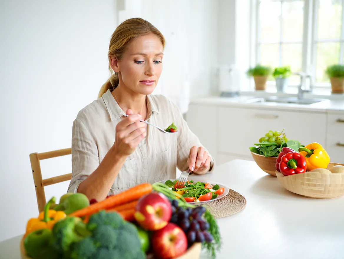Person som äter mindfully vid ett ljust bord med frukter och grönsaker